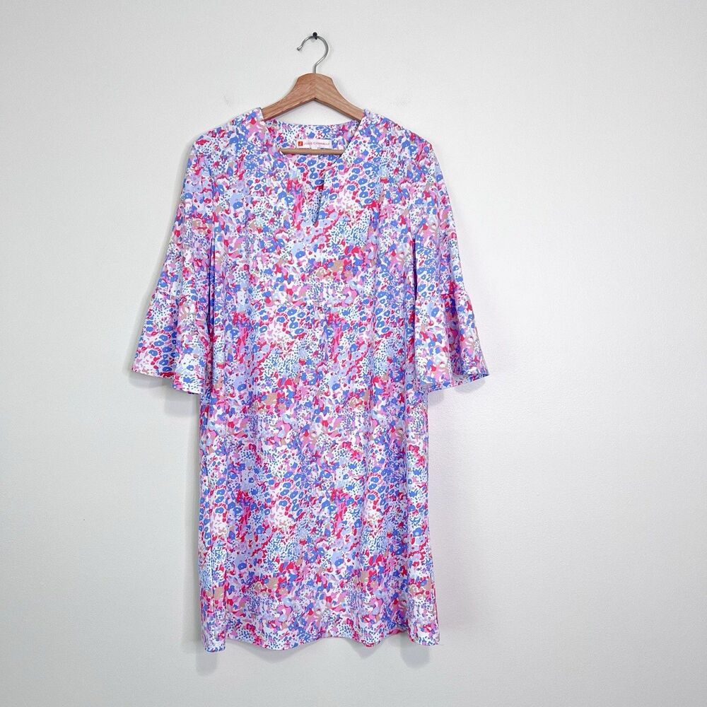 Jude Connally Bell Sleeve Shift Mini Dress Size M Pink Blue Abstract Print - Picture 2 of 9